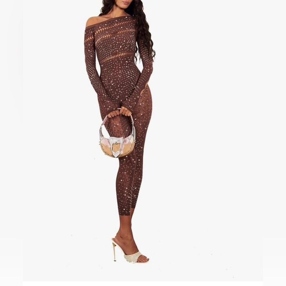 None Pants - SOLD ❌Message me for reorder!New Chic Brown Rhinestone Jumpsuit one size